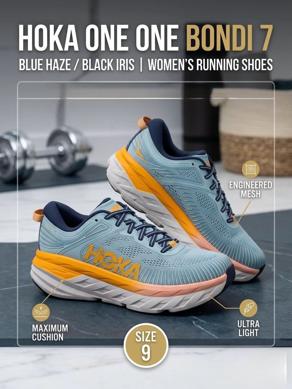 Hoka One One Bondi 7 Blue Haze Black Iris Womens Running Shoes Size 9